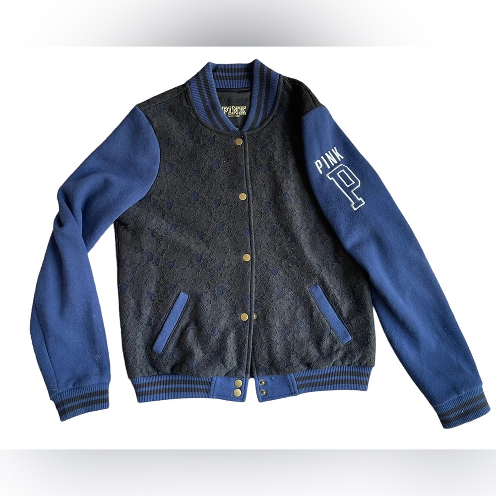 Victoria’s Secret Pink Letterman Varsity BomberJacket Blue with Black Lace